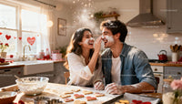 Couple Playfully Baking Heart Cookies Together In Kitchen
