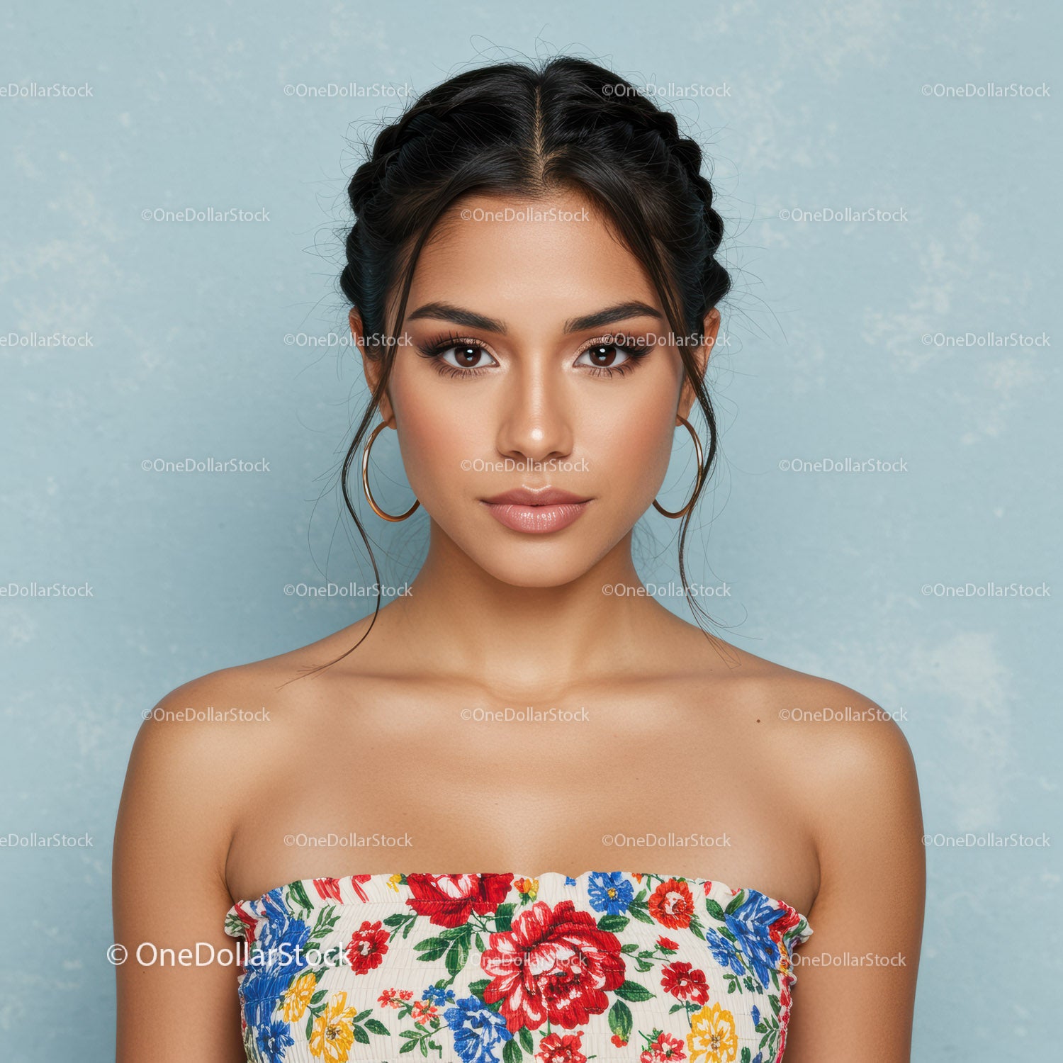 Portrait of a Young Woman in Floral Dress with Flawless Skin