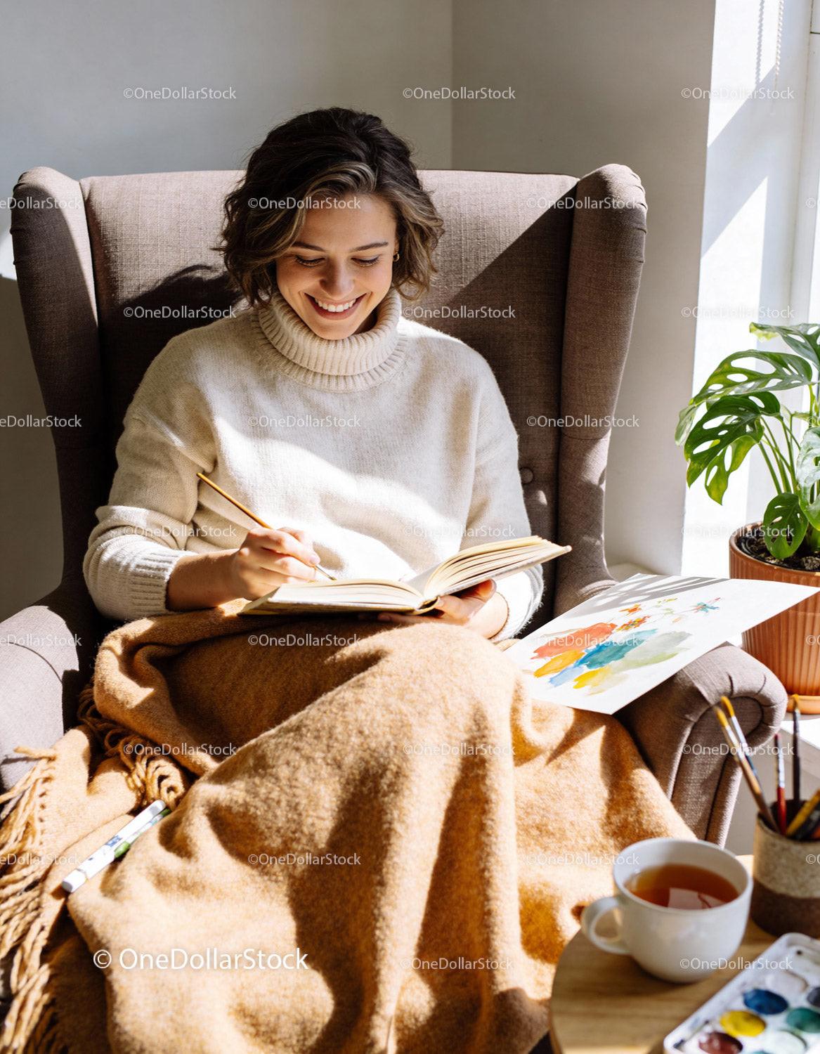 Smiling woman journaling by window in cozy armchair