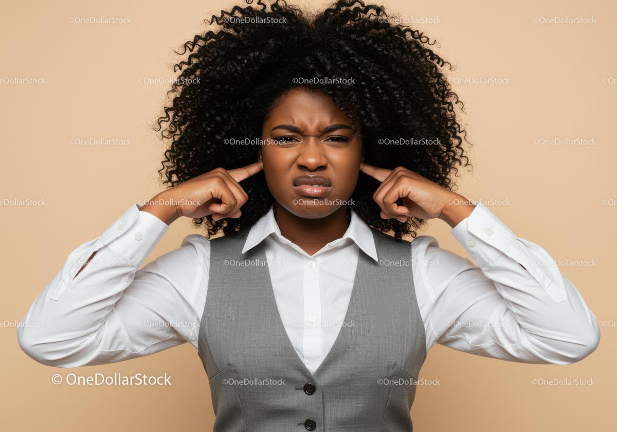 Confused Woman Covering Ears Expressing Stress and Frustration