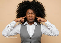 Confused Woman Covering Ears Expressing Stress and Frustration