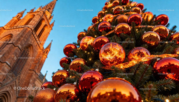 Christmas Tree Decorations with Cathedral in the Background