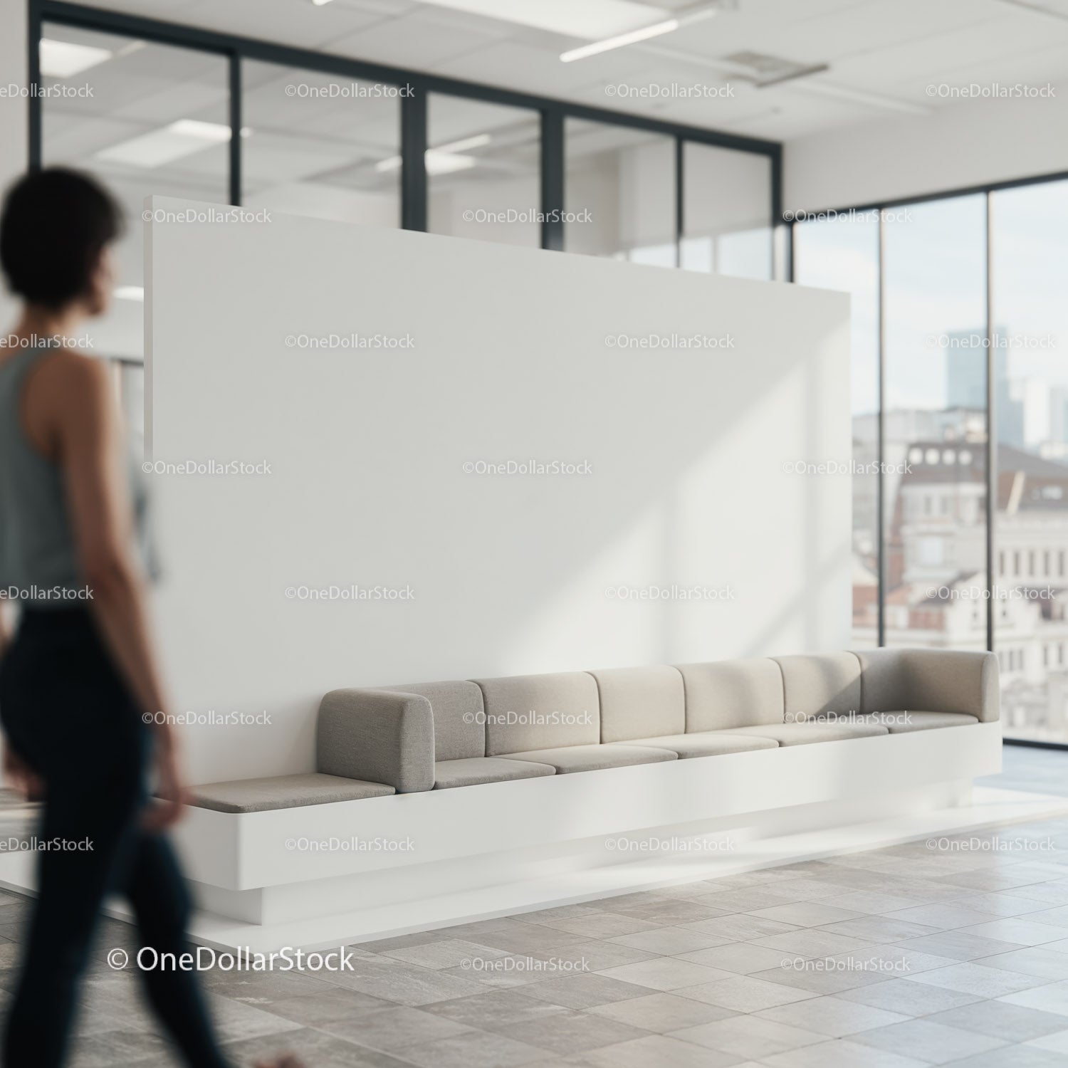 Modern office lounge area with minimalist seating