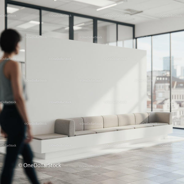 Modern office lounge area with minimalist seating JPG Mockup Image