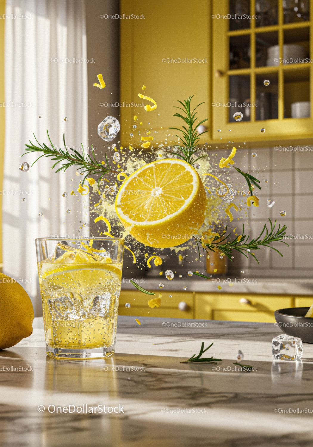 Refreshing Lemon Drink with Ice and Fresh Rosemary