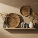 Minimalist Shelf with Woven Baskets and Soft Elephant Figure