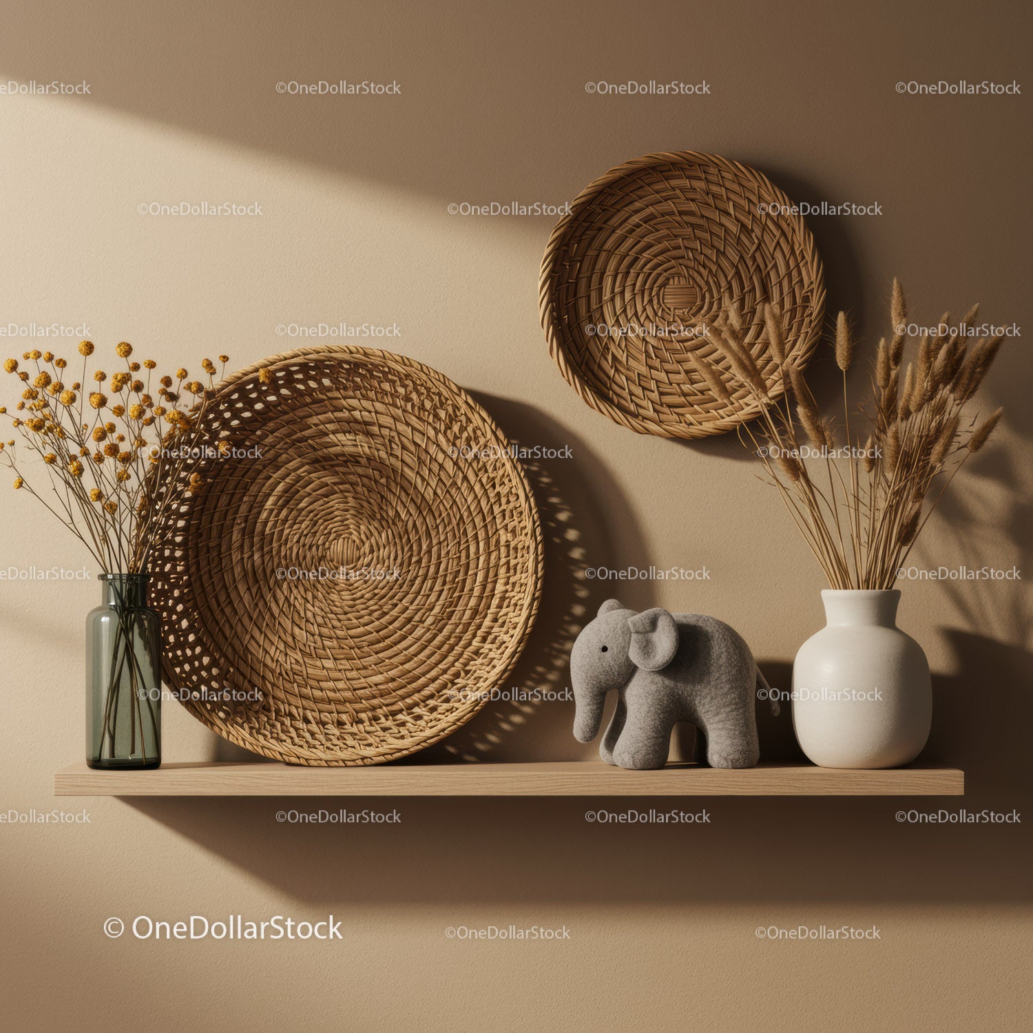 Minimalist Shelf with Woven Baskets and Soft Elephant Figure