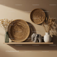 Minimalist Shelf with Woven Baskets and Soft Elephant Figure