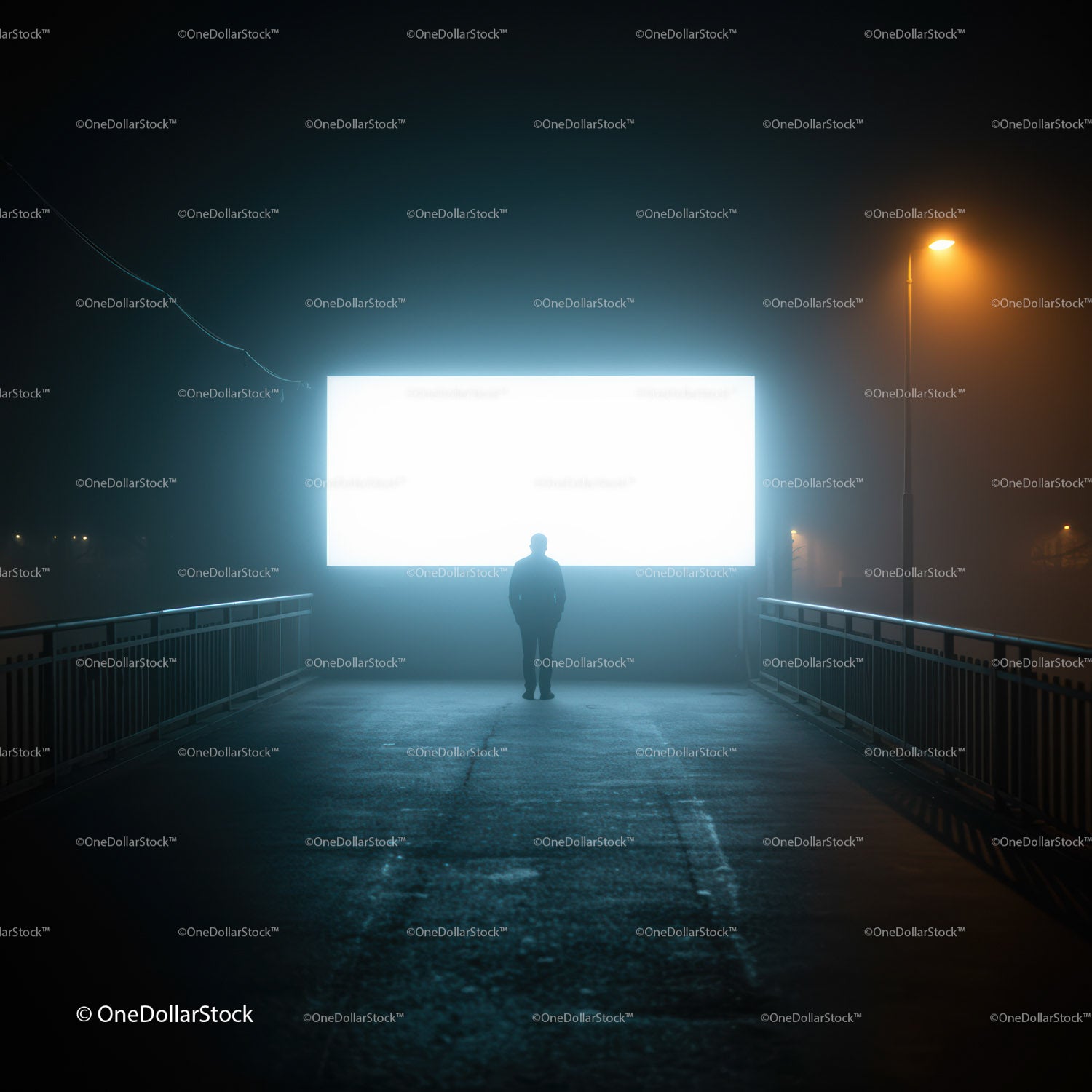 Silhouette of person facing bright billboard at night