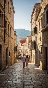 Charming European Street Scene with Cobblestone Path and Historic Buildings