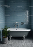 Classic clawfoot bathtub in stylish blue tiled bathroom