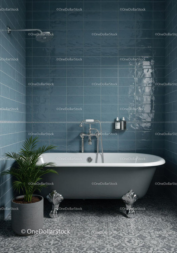 Classic clawfoot bathtub in stylish blue tiled bathroom