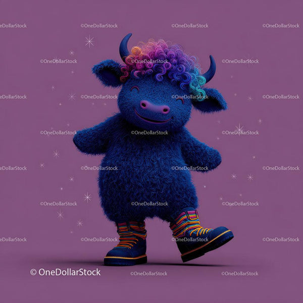 Fluffy Blue Cartoon Bull With Rainbow Curly Hair