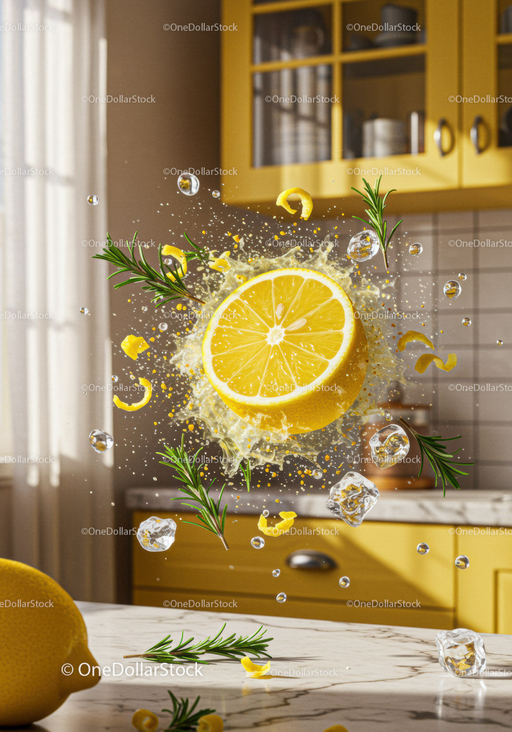 Fresh lemon splash with rosemary and ice in kitchen
