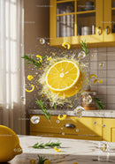 Fresh lemon splash with rosemary and ice in kitchen