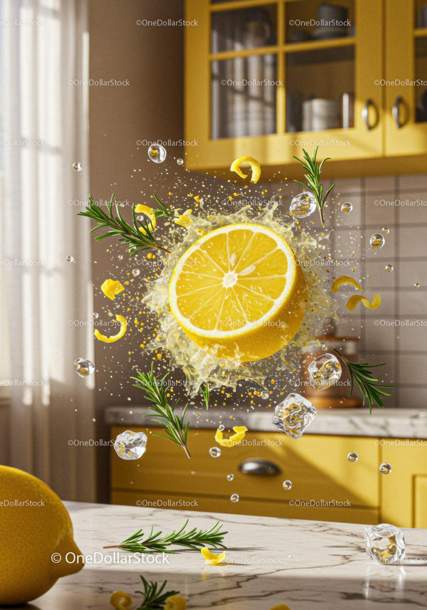 Fresh lemon splash with rosemary and ice in kitchen
