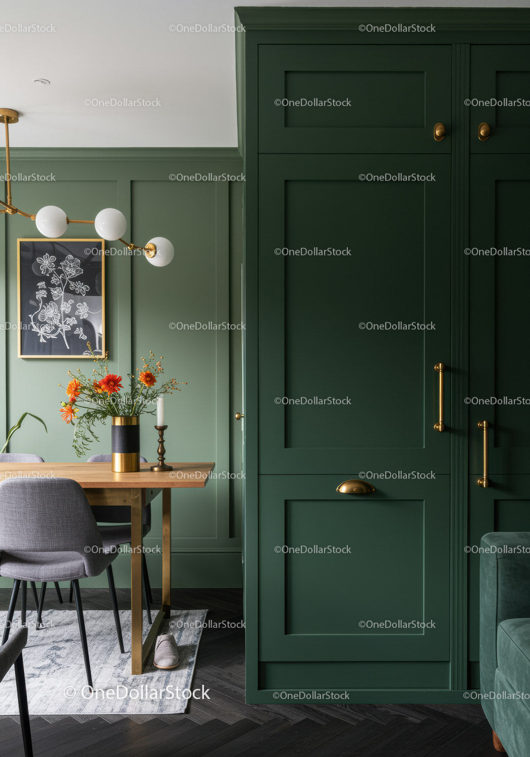 Modern Green Accent Wall in Elegant Dining Room Setting with Decor