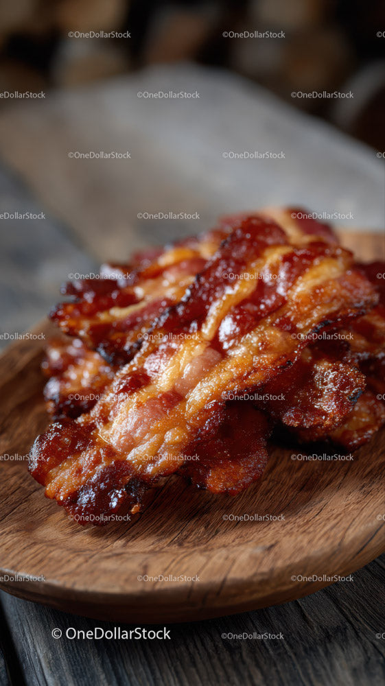 Crispy Bacon Strips with Barbecue Sauce on Wooden Plate