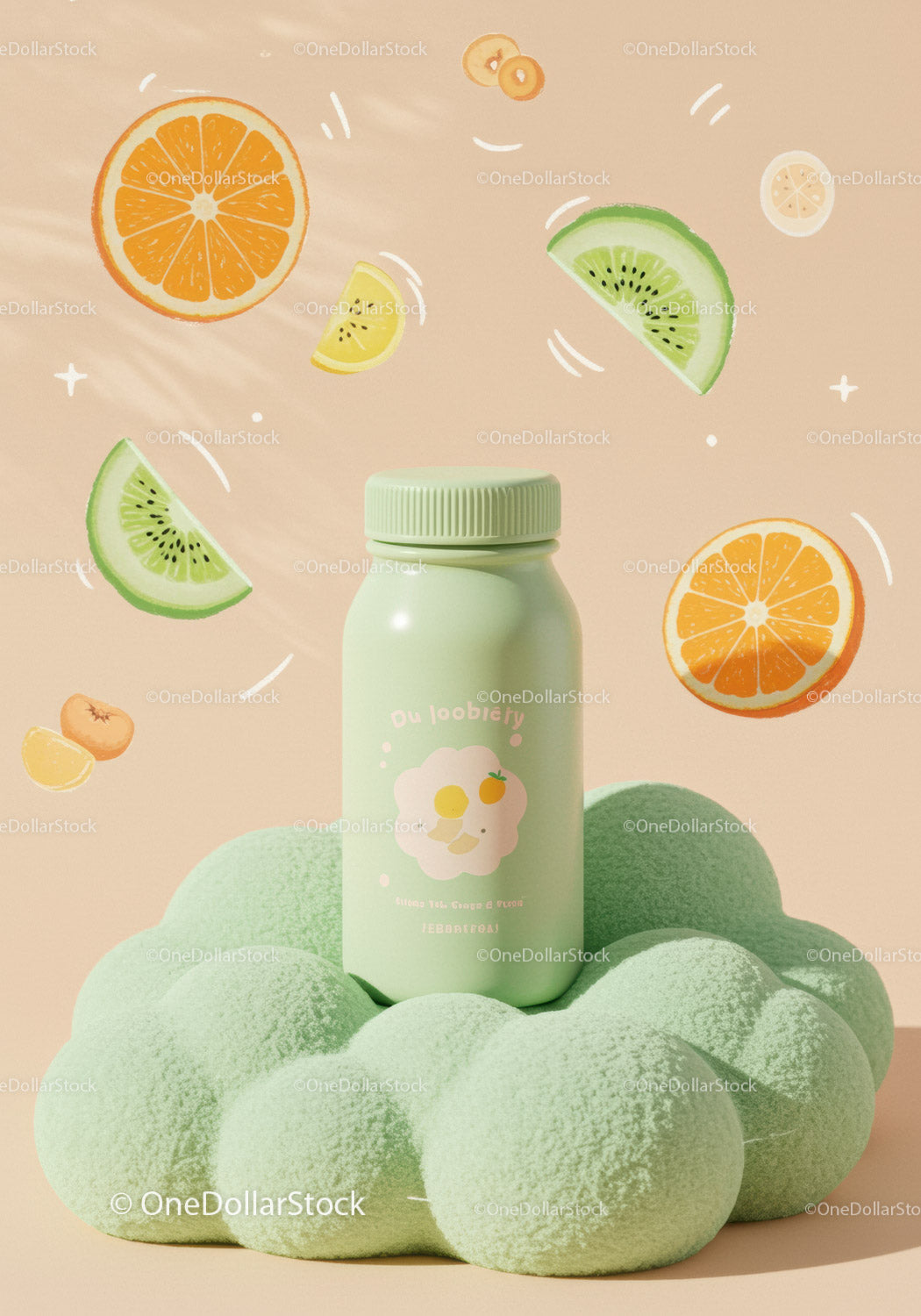 Refreshing green bottle on soft textured surface with fruits