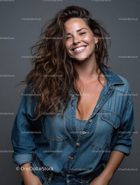 Happy Woman in Denim Shirt Smiling Portrait with Gray Background