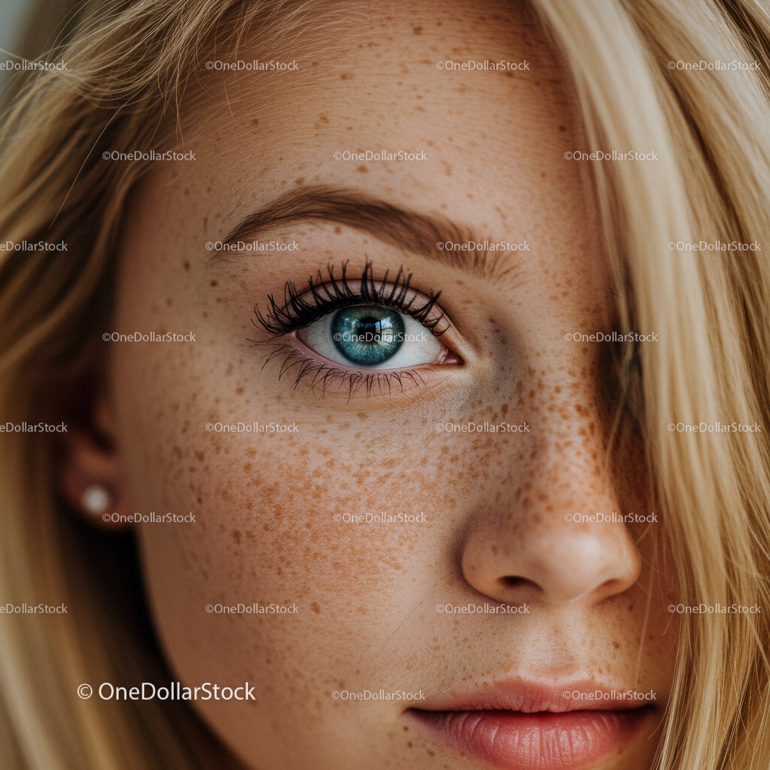 Close up of blue eye and freckled skin on blonde woman