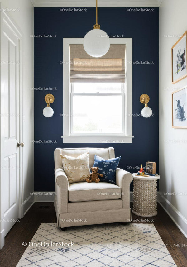 Modern Cozy Relaxation Corner with Navy Blue Accent Wall and Armchair
