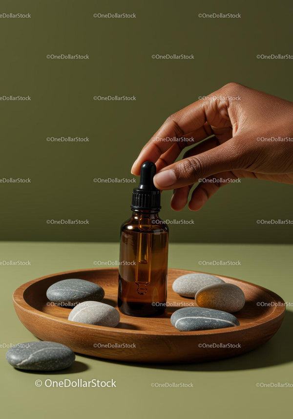 Elegant Brown Glass Dropper Bottle with River Stones on Wooden Tray JPG Mockup Image