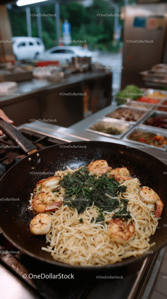 Shrimp Pasta with Green Herbs in a Skillet