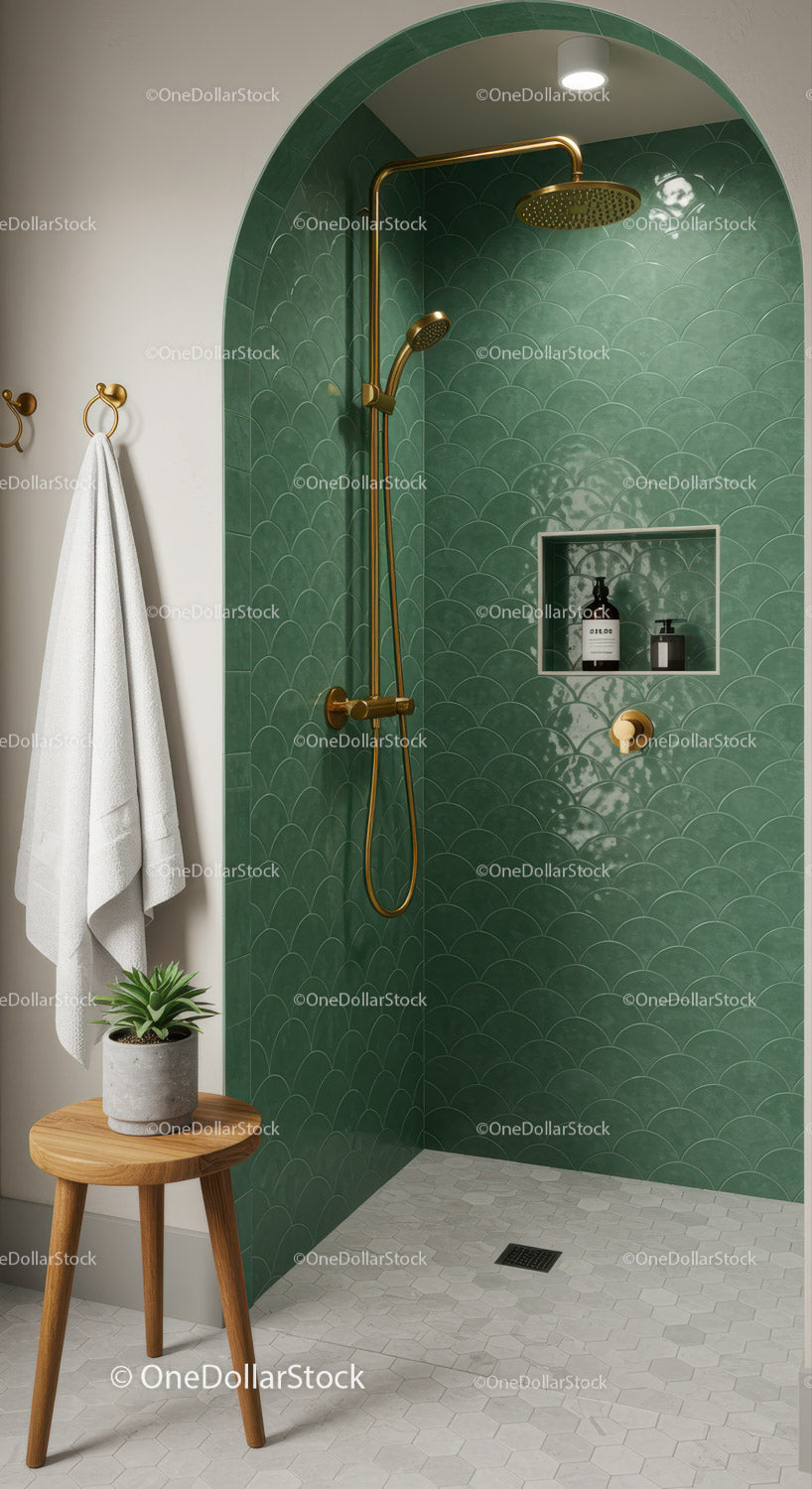 Modern bathroom with green tiled shower and brass fittings