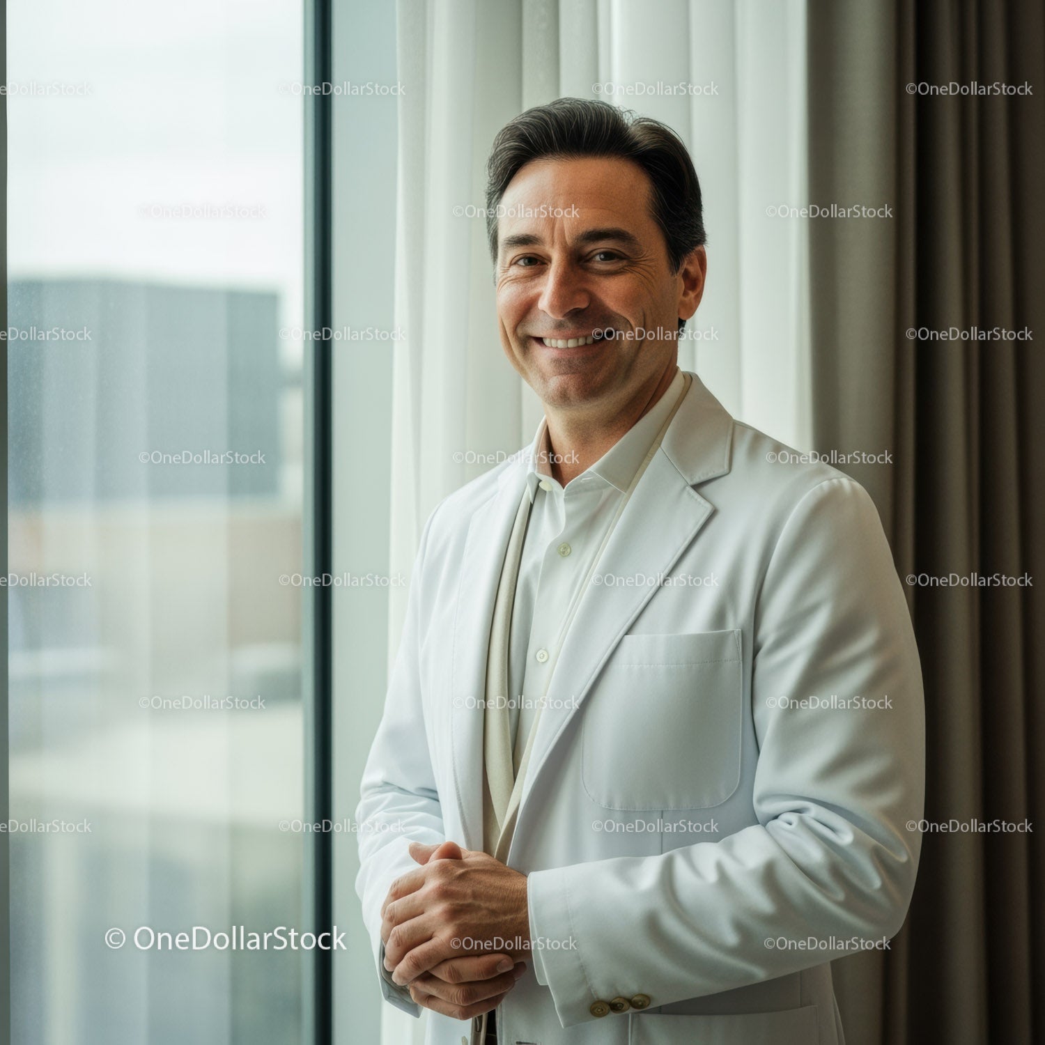 Confident Businessman Smiling in Modern Office with Natural Light