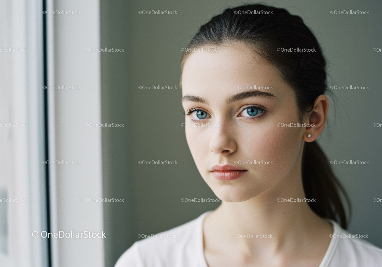 Elegant Young Woman with Blue Eyes Looking Out Window in Natural Light