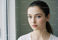 Elegant Young Woman with Blue Eyes Looking Out Window in Natural Light