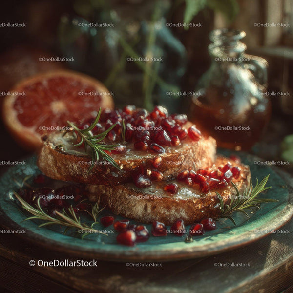 Close-up of Toasted Bread with Pomegranate and Rosemary