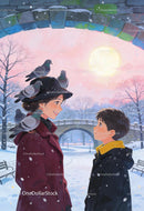 Winter evening with mother and child in snowy park
