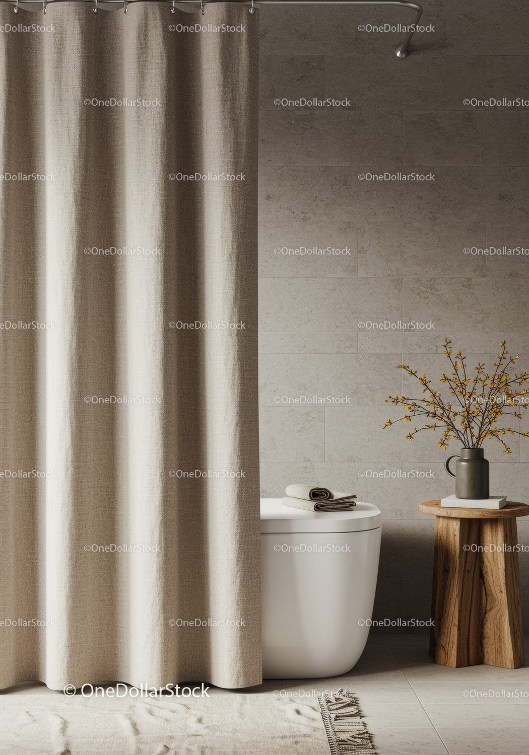 Minimalist Modern Bathroom with Beige Curtain and Wooden Accents