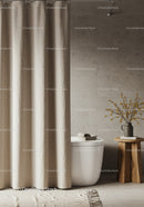 Minimalist Modern Bathroom with Beige Curtain and Wooden Accents