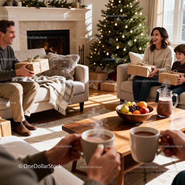 Family exchanging gifts by decorated Christmas tree