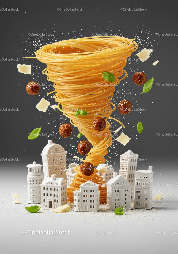 Spiral of Pasta with Meatballs Over Miniature Town