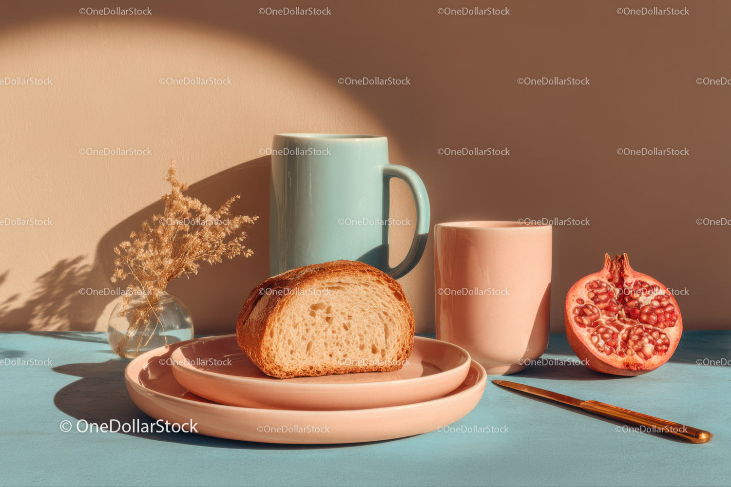 Stylish Breakfast Scene with Pomegranate and Pastel Dinnerware