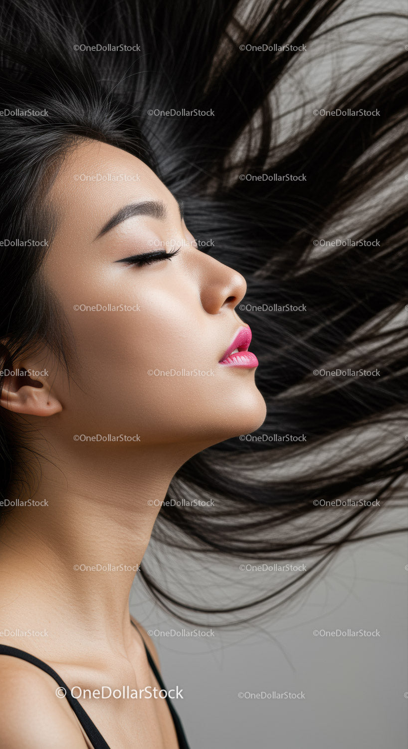 Profile of serene woman with flowing dark hair