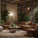 Cozy living room with brown leather sofa and greenery