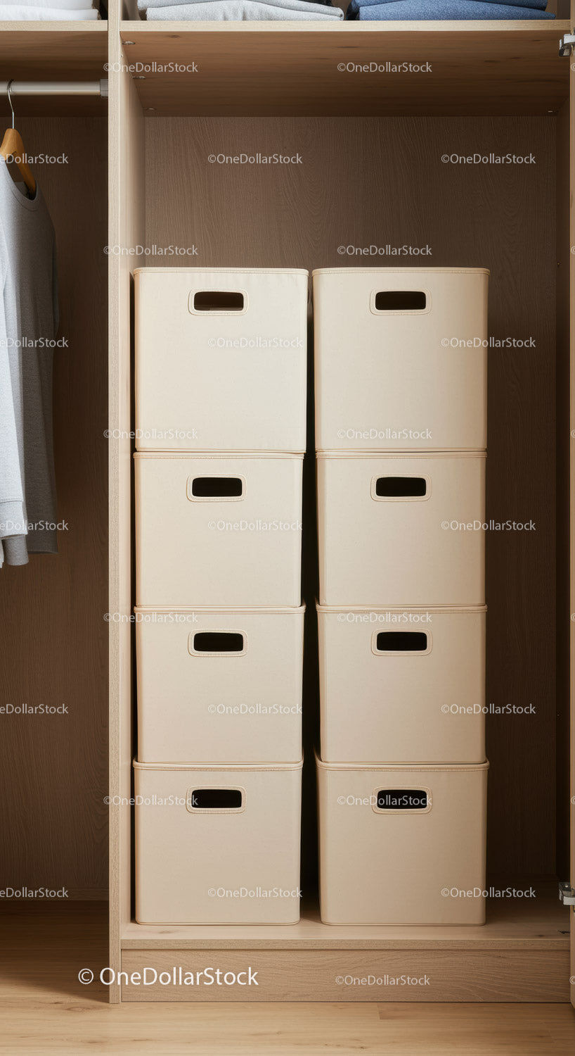 Organized Closet with Beige Storage Bins in Wooden Shelf