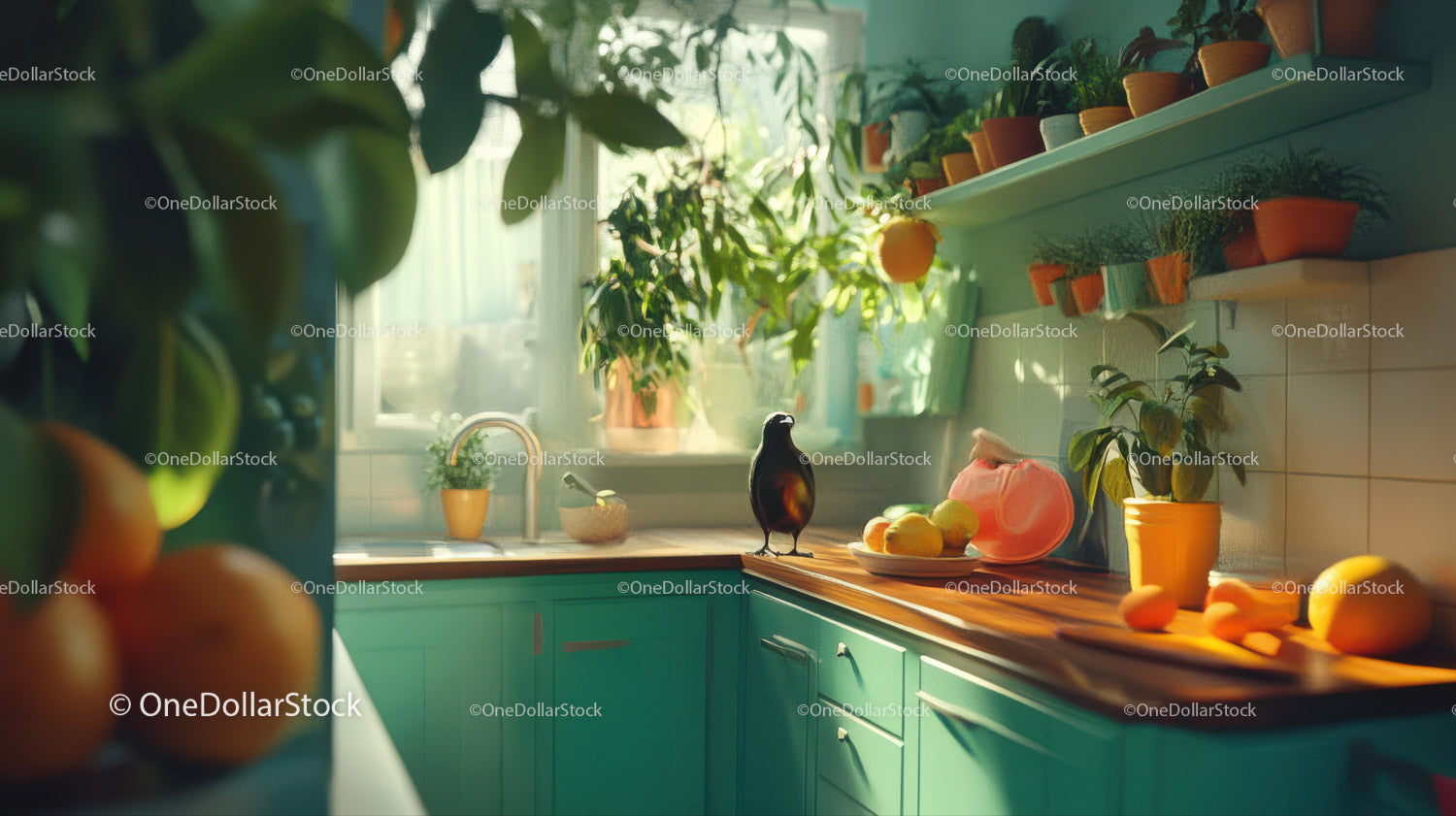 Sunlit Cozy Kitchen with Indoor Plants and Fresh Fruit