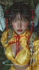 Young Woman in Yellow Raincoat Outdoors Surrounded by Green Foliage