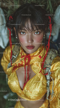 Young Woman in Yellow Raincoat Outdoors Surrounded by Green Foliage