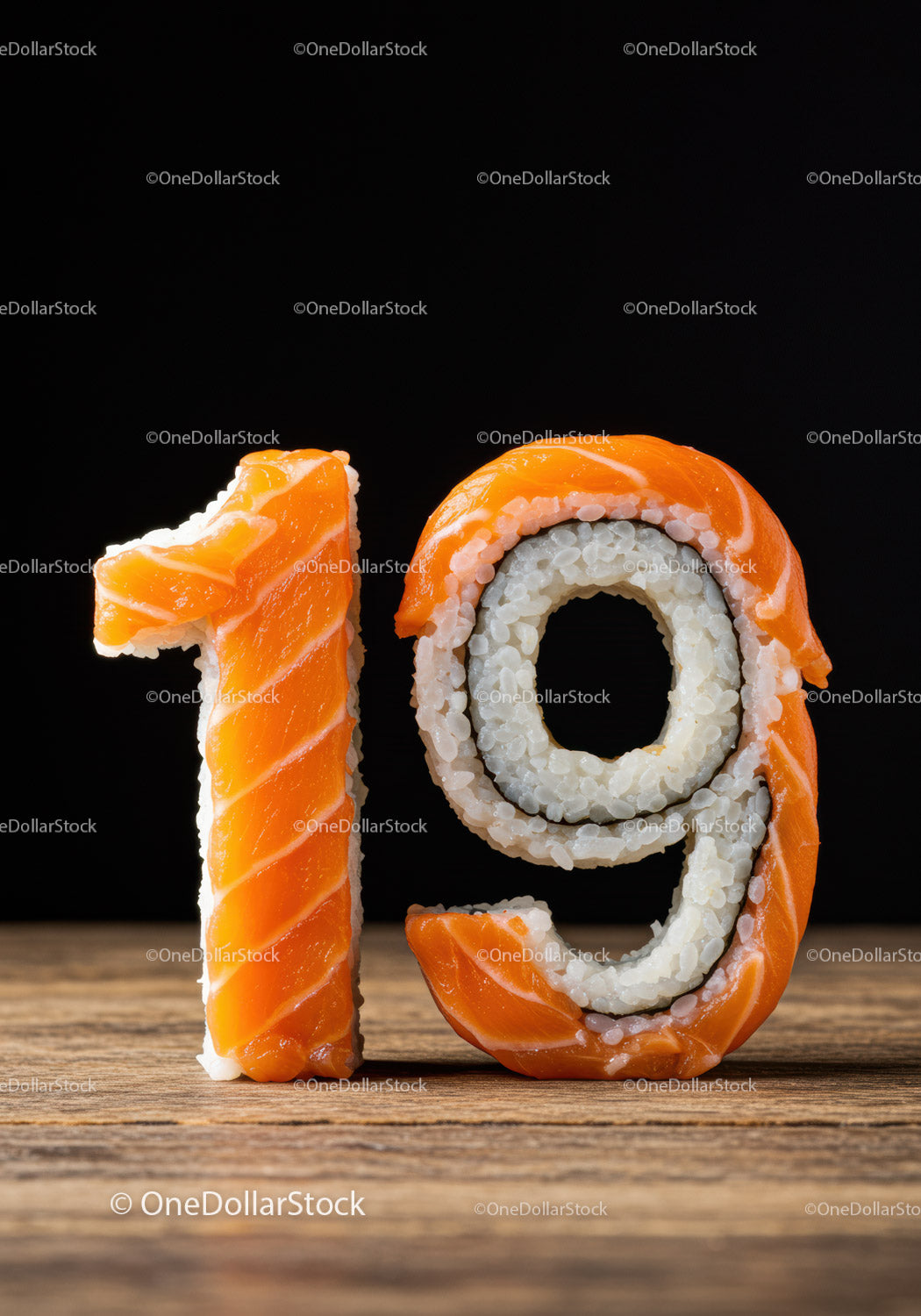 Number 19 shaped from fresh salmon sushi rice rolls