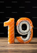 Number 19 shaped from fresh salmon sushi rice rolls