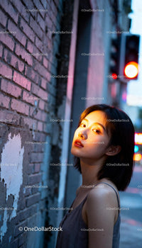 Young woman illuminated by warm urban light at dusk
