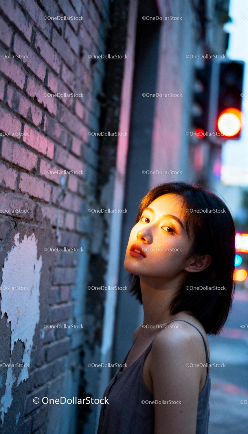 Young woman illuminated by warm urban light at dusk