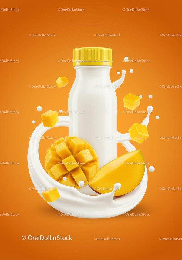 Fresh Mango Smoothie Bottle with Splashing Milk JPG Mockup Image
